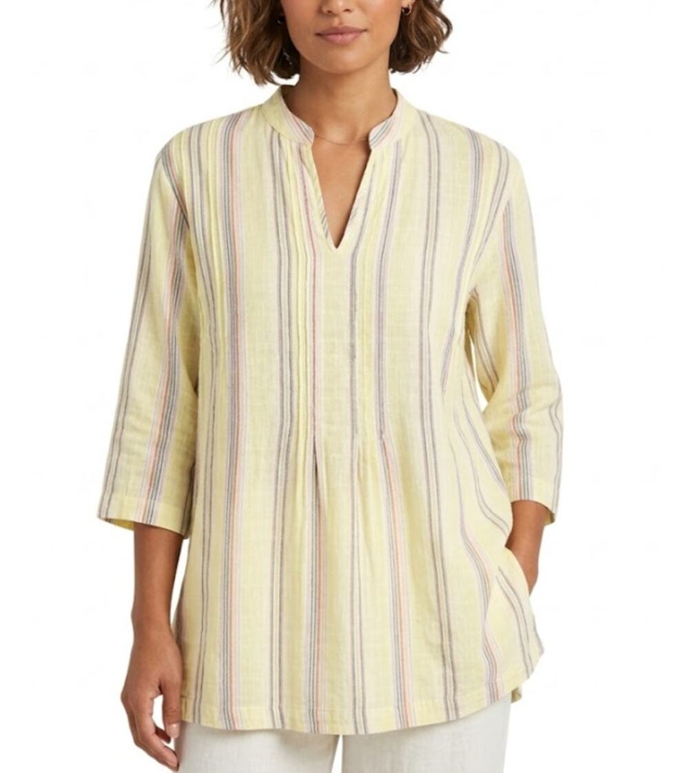 SOFT SURROUNDINGS Split-Neck Striped Tunic Shirt Yellow Multi Womens XS Petite